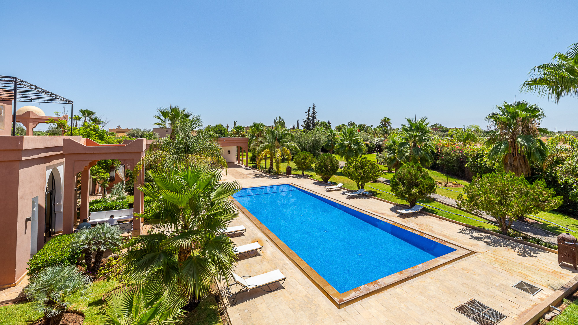 Aerial view — pool, gardens & pavilion