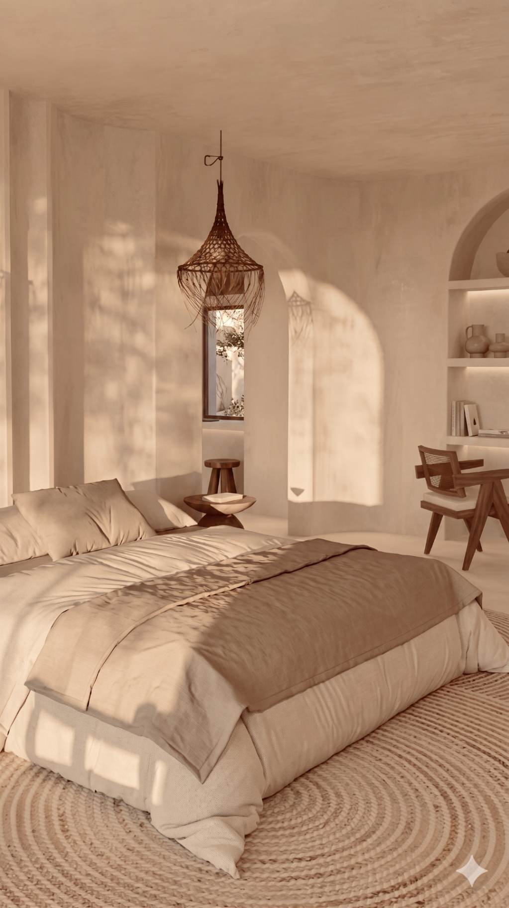 Bedroom — tadelakt arches & woven pendant