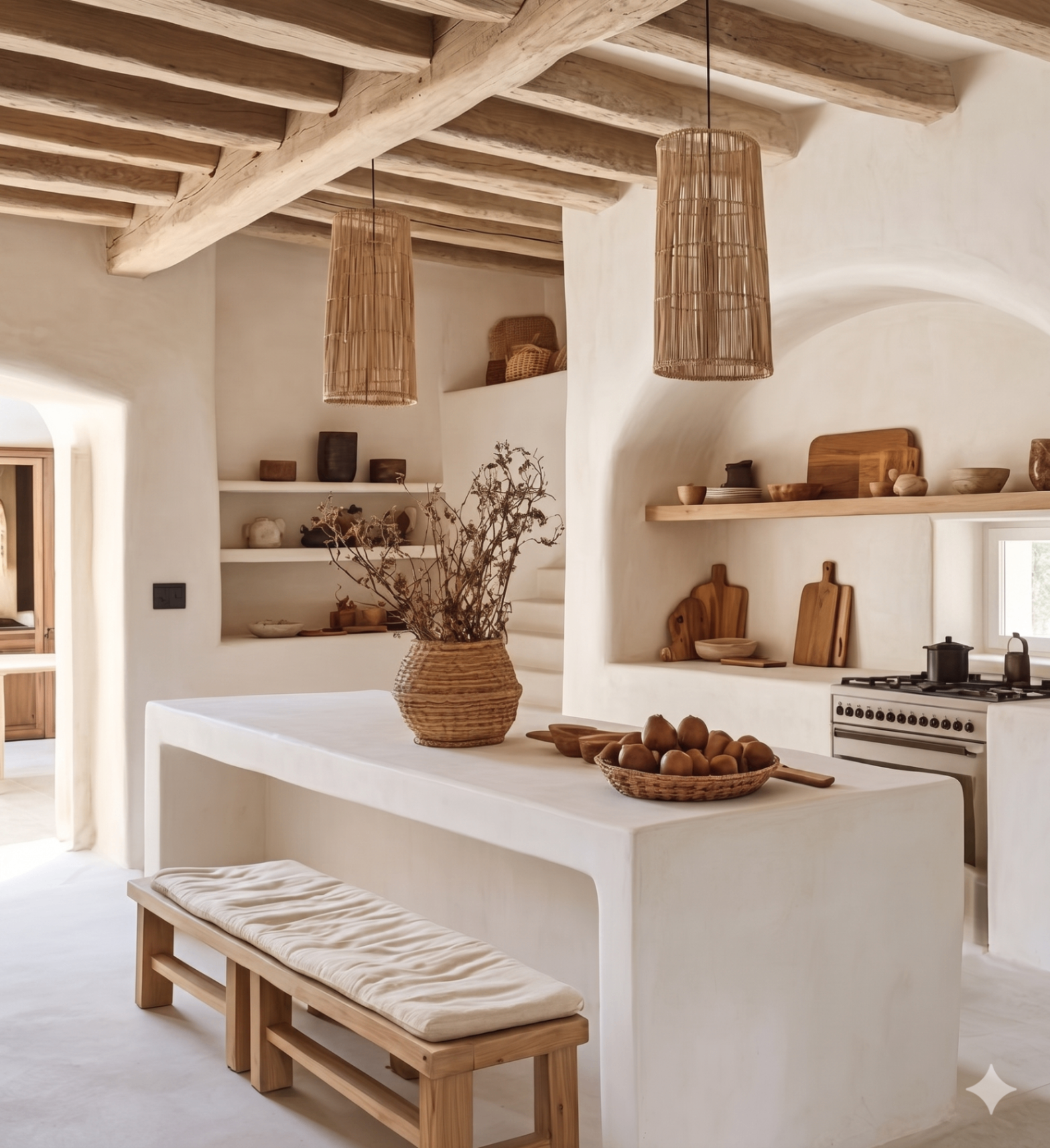 Kitchen — lime-washed walls & rattan pendants