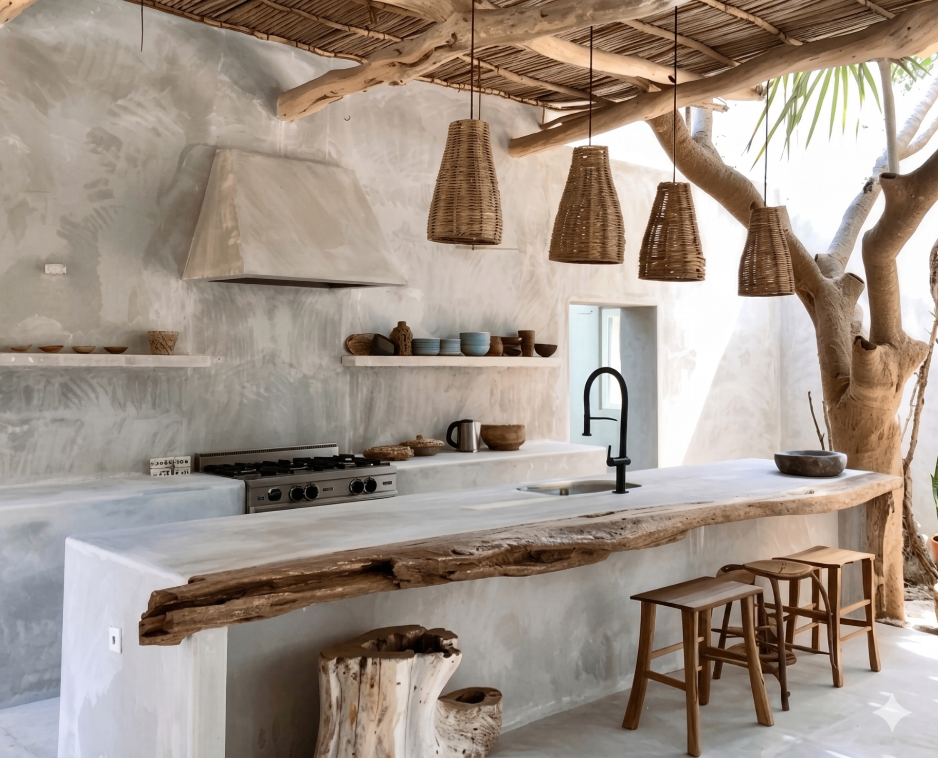 Outdoor kitchen — driftwood & woven shades